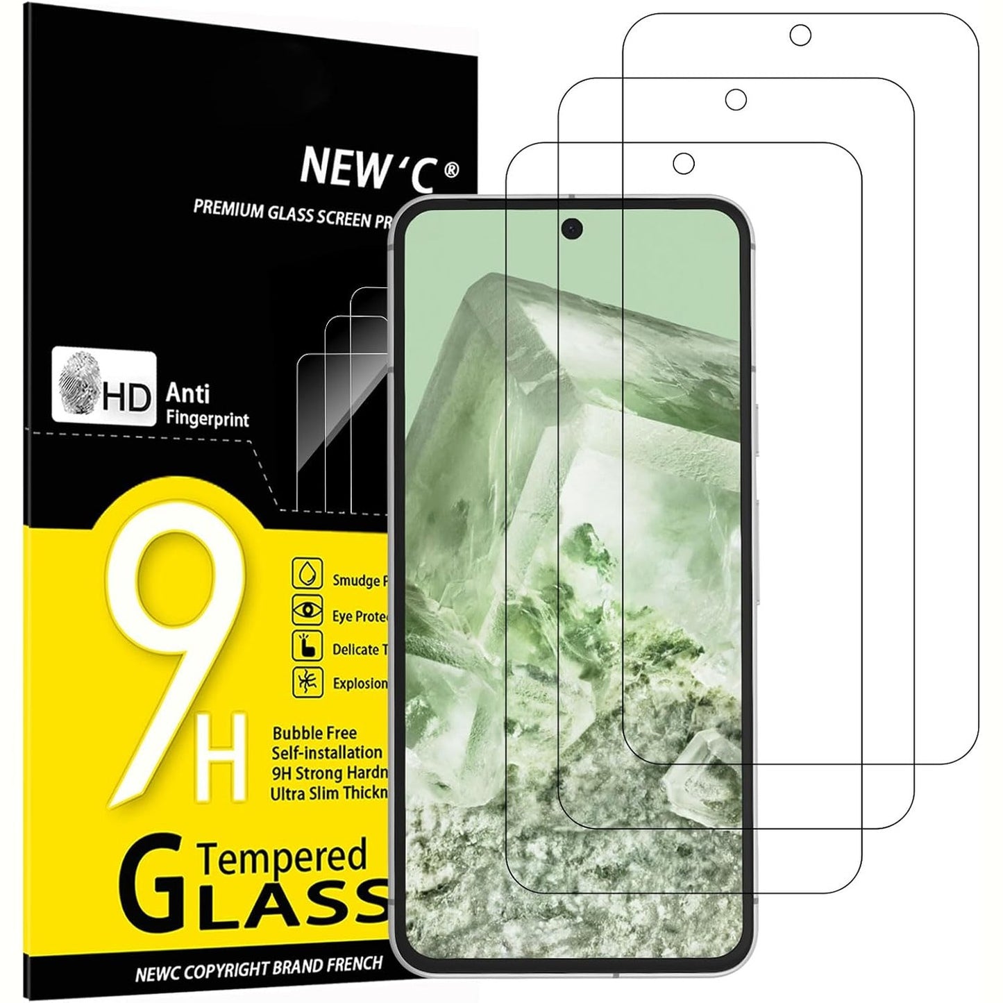 320602 - RE'C Pako me 3 mbrojtëse ekrani prej qelqi të temperuar për Google Pixel 8, 0.33 mm HD Ultra i qartë, fortësi 9H, kundër gërvishtjeve, pa flluska