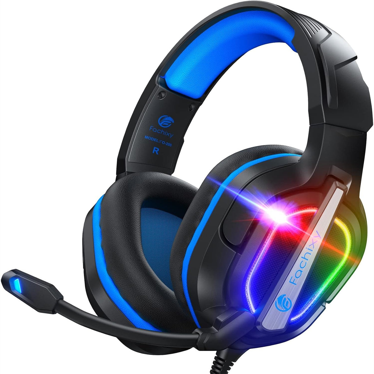 310060 - FACHIXY Kufje Lojërash FC200 për PS4, PS5, PC, Xbox, Nintendo Switch, me Ndriçim RGB, Stereo Surround me Mikrofon, Anulim Zhurme - BLU