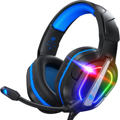310060 - FACHIXY Kufje Lojërash FC200 për PS4, PS5, PC, Xbox, Nintendo Switch, me Ndriçim RGB, Stereo Surround me Mikrofon, Anulim Zhurme - BLU