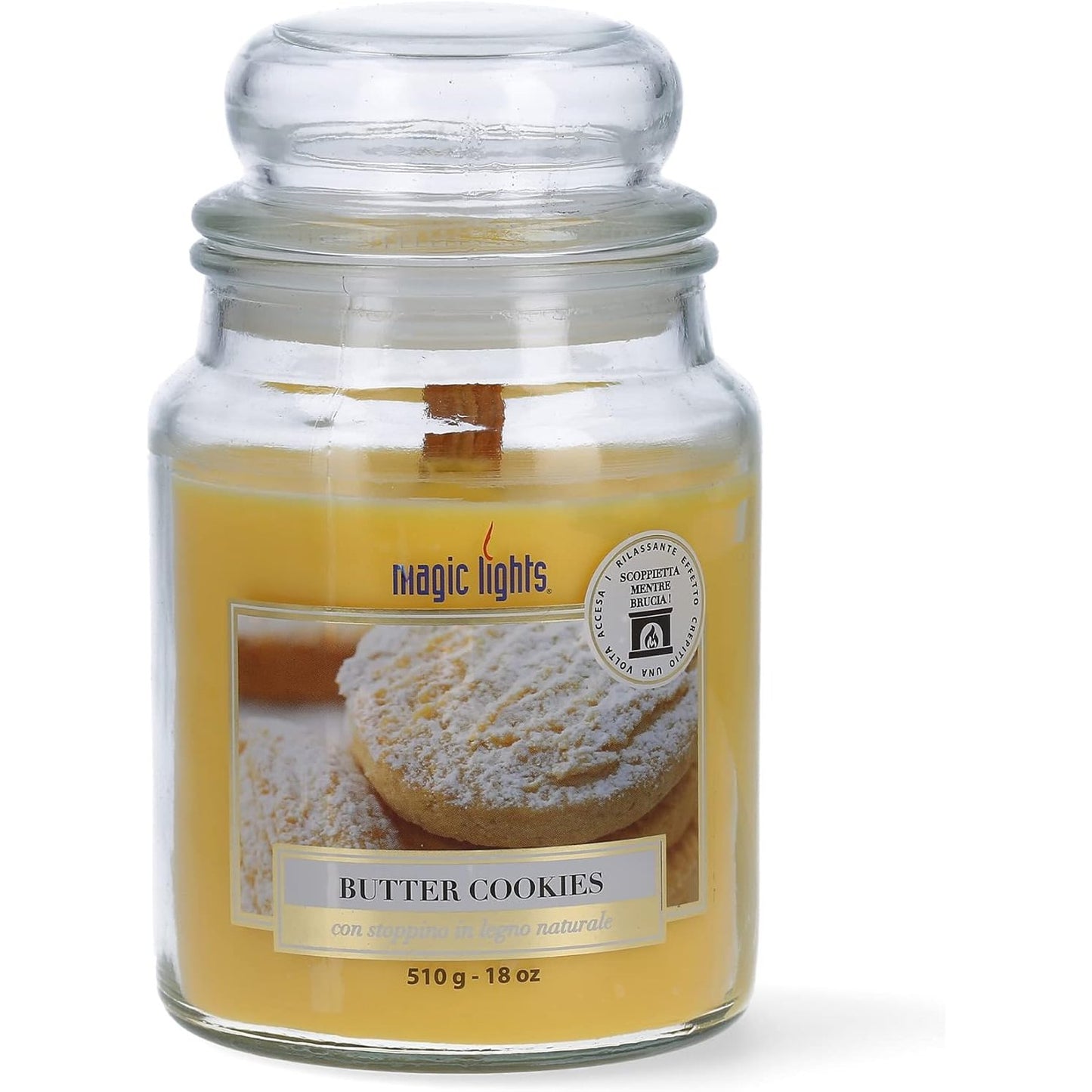 224876 - MAGIC LIGHTS QIRI PREJ DRURI ME FITIL KËRCITËS, BISKOTA ME GJALPË VANILJE, 510G, KAVANOZ I MADH, I QENDRUESHËM, AROMATIK, PRODHUAR NË ITALI