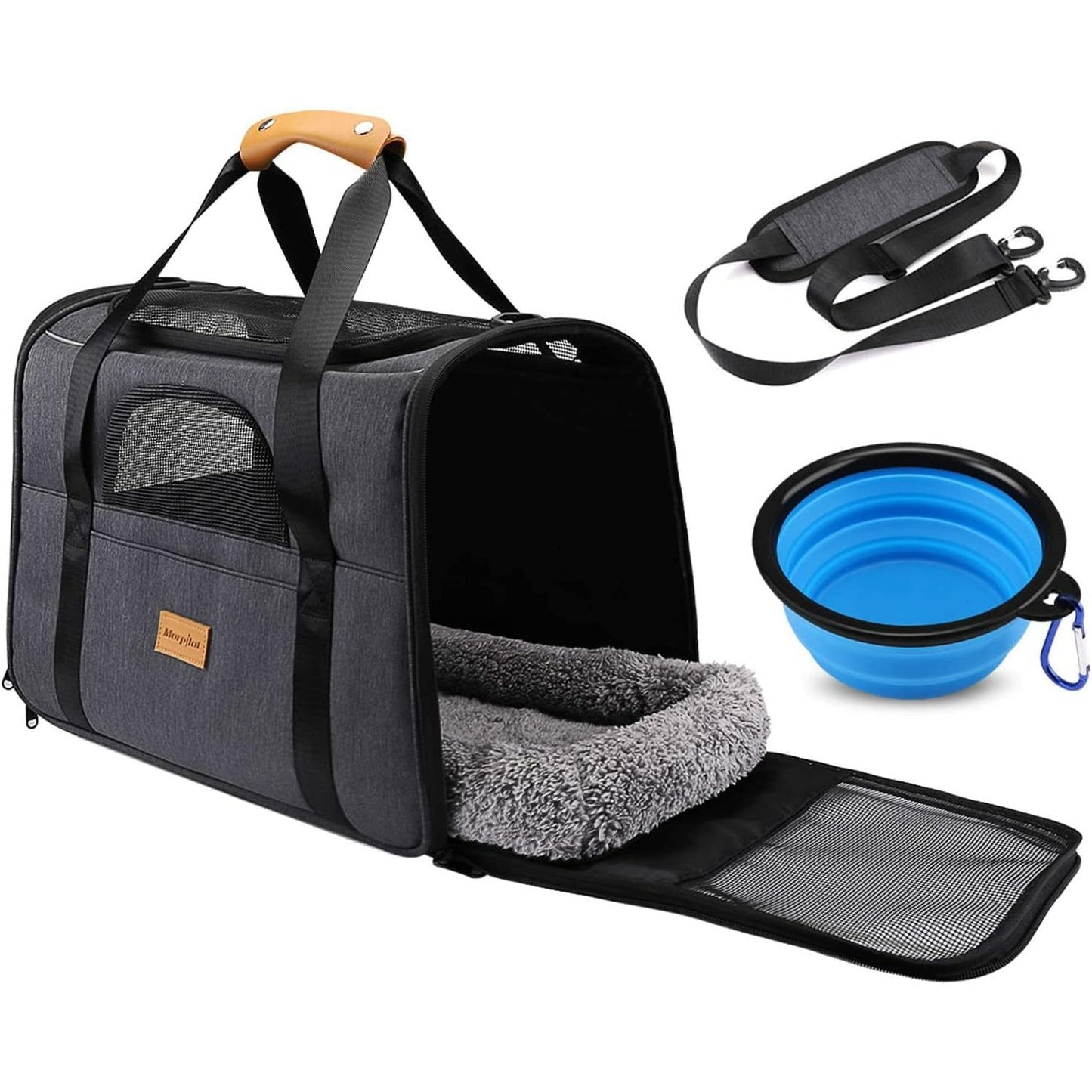 245721 - MORPILOT Çantë për Mace dhe Qen, Kafaz që Paloset me Dyshek Pelushi të Lëvizshëm + Tas, Pesha Maksimale 7 kg, 44 x 31 x 34 cm