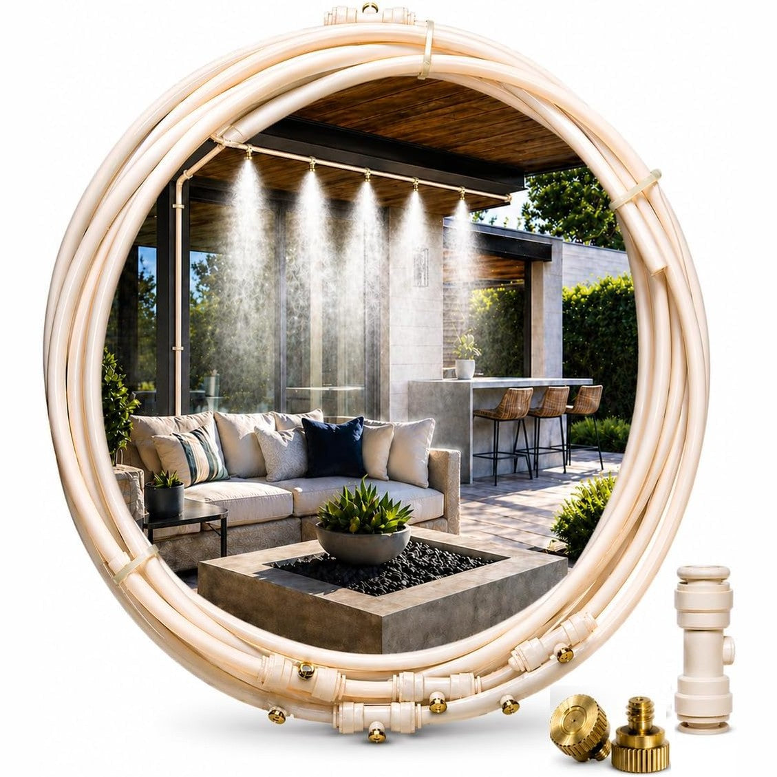 322324 - O'FRESH Sistem Spërkatjeje për Verandë - Set me Tub 10m dhe 7 Gryka Spërkatjeje | Sistem Ujitjeje me Ftohje Avulluese | Atomizues Uji dhe Ftohje me Spërkatje për Verandë, Kopsht - Bezhë