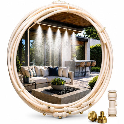 322324 - O'FRESH Sistem Spërkatjeje për Verandë - Set me Tub 10m dhe 7 Gryka Spërkatjeje | Sistem Ujitjeje me Ftohje Avulluese | Atomizues Uji dhe Ftohje me Spërkatje për Verandë, Kopsht - Bezhë