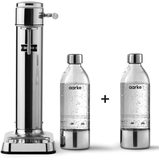 195017 - AARKE CARBONATOR 3, prodhues uji të gazuar prej çeliku inox, me përfundim modern, përfshin 2 shishe PET 1L pa BPA, i pajtueshëm me cilindra CO2 60L
