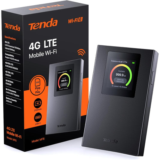 188998 - TENDA Sapuni i Ri MF6 WiFi CAT 4 150Mbps, Wi-Fi 6 AX300Mbps, Router Portativ me Kartë SIM, Ekran LCD me Ngjyra, Bateri e Rikarikueshme, Portë USB-C, Karikim Power Bank