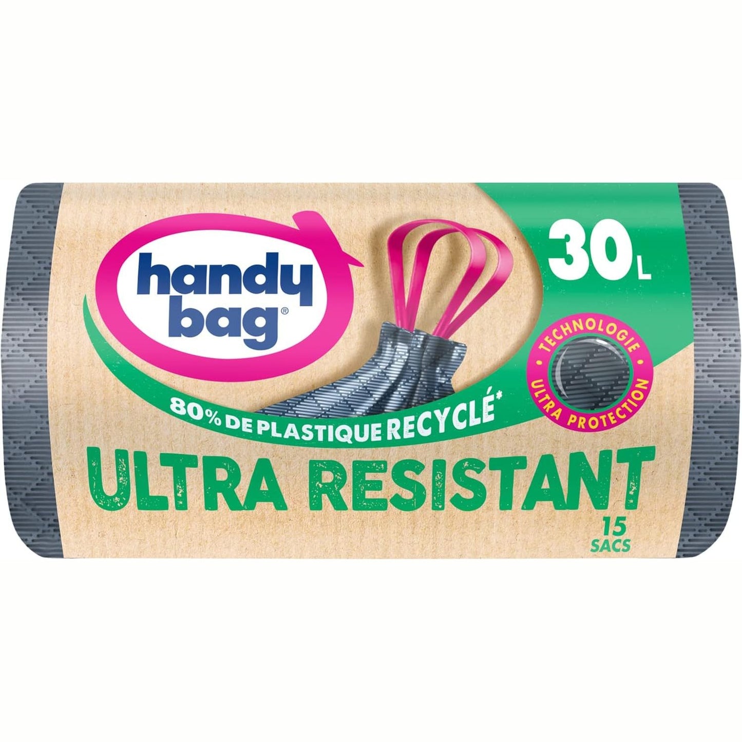 319193 - Çantë praktike Qese mbeturinash me dorezë rrëshqitëse, 30L x 15, 100% plastikë e ricikluar