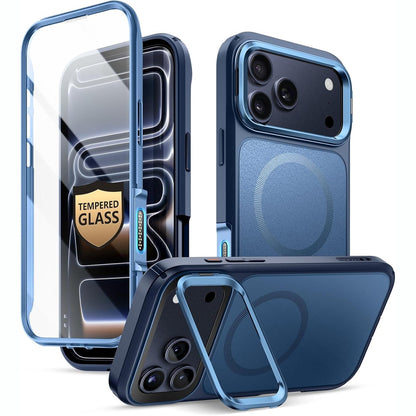 299322 - i-BLASON Ares - Mbrojtëse për iPhone 17 Pro Max me mbështetëse, e pajtueshme me MagSafe, Mbrojtëse ekrani prej qelqi të zbutur, Butoni i kontrollit të kamerës, Mbrojtje e gradës ushtarake, mbrojtëse e plotë e trupit, Azure