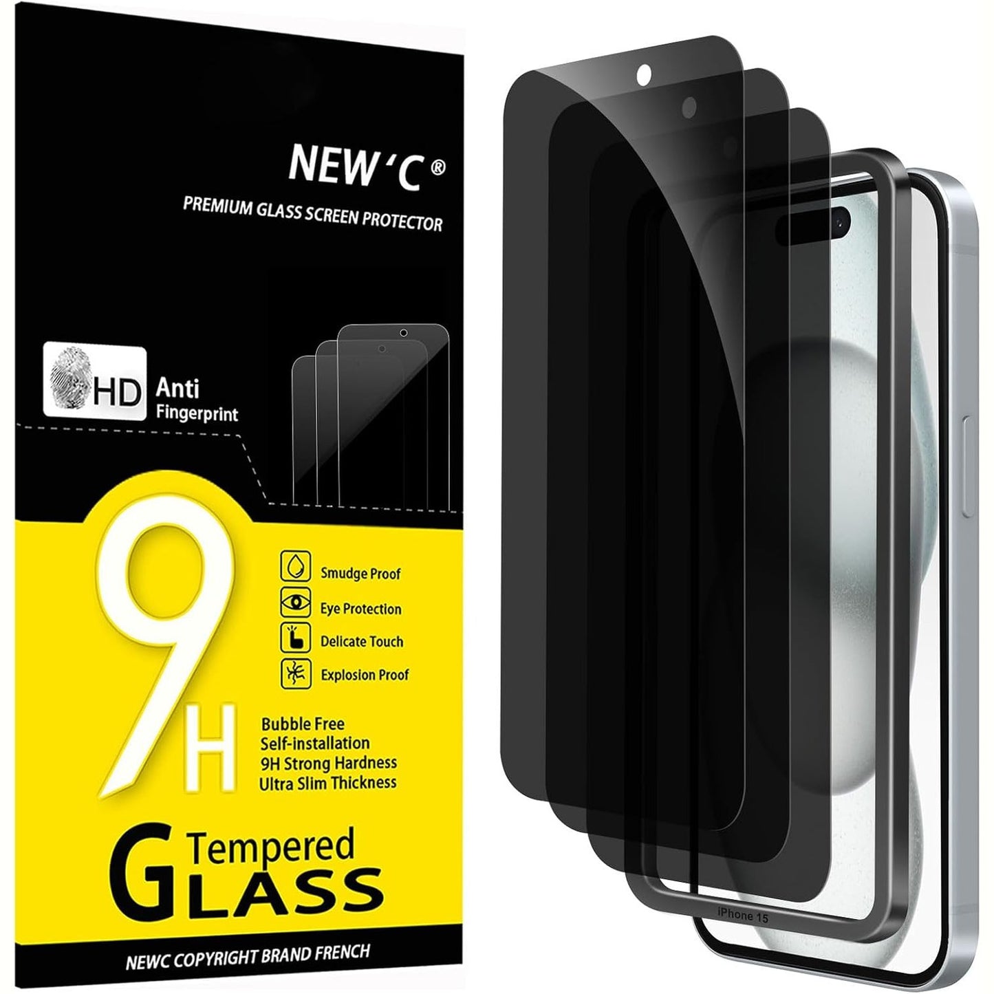 274273 - Mbrojtës ekrani prej xhami të temperuar anti-spiun NEW'C me 3 copë për iPhone 16, iPhone 15 (6.1 inç), Mbrojtje nga gërvishtjet, Kënd i përmirësuar privatësie 28 gradë, Mjet instalimi i përfshirë
