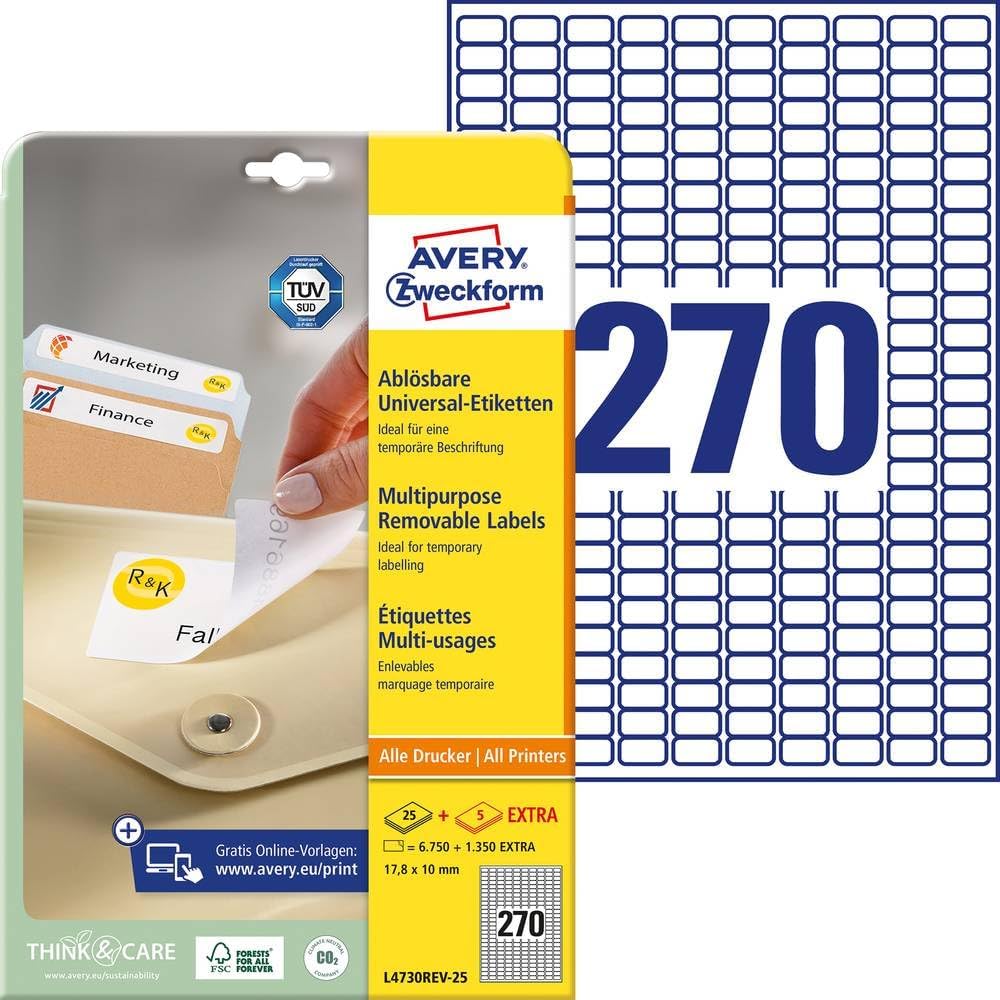 269214 - AVERY Zweckform L4730REV-25 Etiketa Universale, 30 fletë, 17.8 x 10 mm, të bardha
