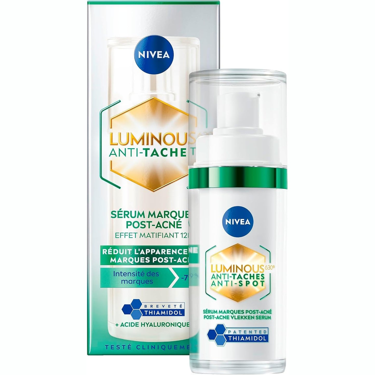 321213 - NIVEA Luminous 630 - Serum për fytyrën pas akneve, 30 ml, zvogëlon shfaqjen e shenjave, efekt matifikues 12 orësh, tiamidol dhe acid hialuronik i patentuar