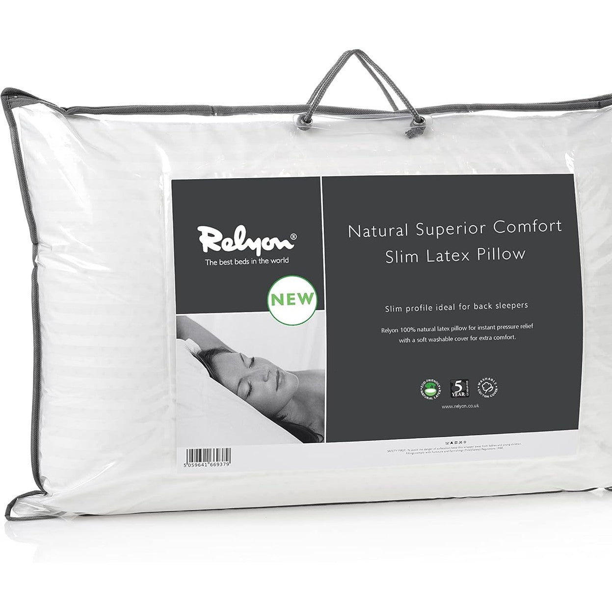 204055 - RELYON Jastëk Superior Comfort nga Lateksi Natyral 100%, Mbulesë e Lëvizshme nga Pambuku 100%, e Bardhë, i Hollë