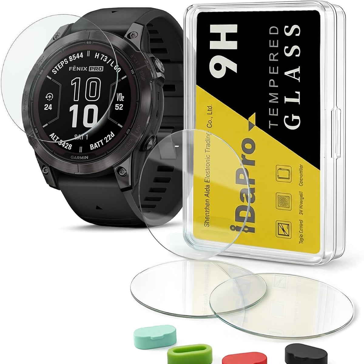 296416 - IDAPRO MBROJTËS EKRANI për Garmin Fenix 7X Pro/Solar/Sapphire Solar/Fenix 7 X, film mbrojtës ekrani [4 copë] + tapa pluhuri silikoni [4 copë], xham i temperuar, 9H, rezistent ndaj gërvishtjeve