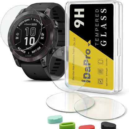 296416 - IDAPRO MBROJTËS EKRANI për Garmin Fenix 7X Pro/Solar/Sapphire Solar/Fenix 7 X, film mbrojtës ekrani [4 copë] + tapa pluhuri silikoni [4 copë], xham i temperuar, 9H, rezistent ndaj gërvishtjeve