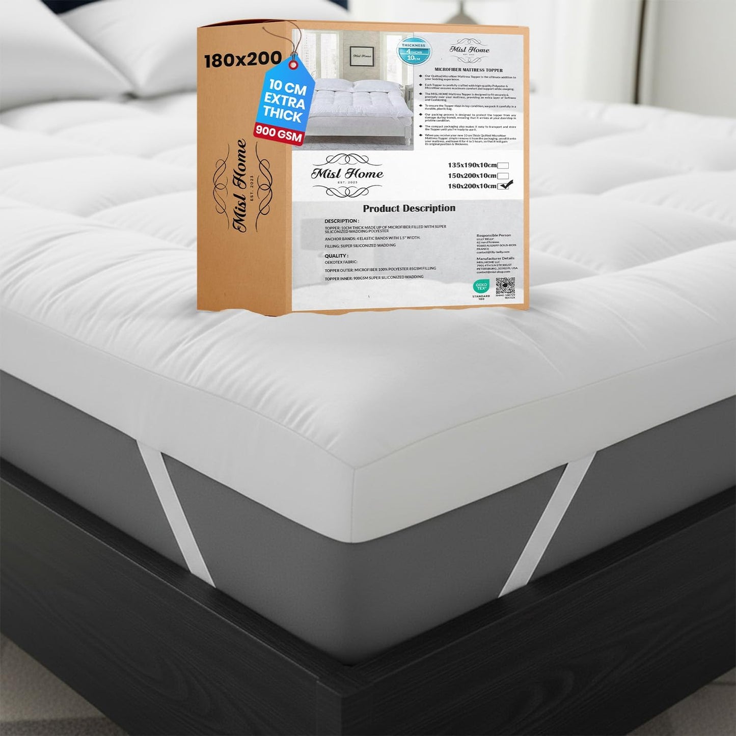 221723 - MISL HOME Mbulesë dysheku, krevat super king size, 10 cm shumë i thellë, 900gsm, 180x200 mikrofibër, mbulesë hipoalergjike, rripa elastikë deri në 40 cm
