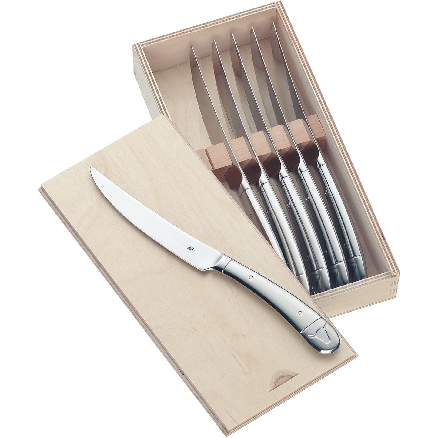 213350 - WMF Set thikash për biftek, 6 pjesë, çelik inox i lëmuar, i sigurt për lavastovilje, në kuti druri