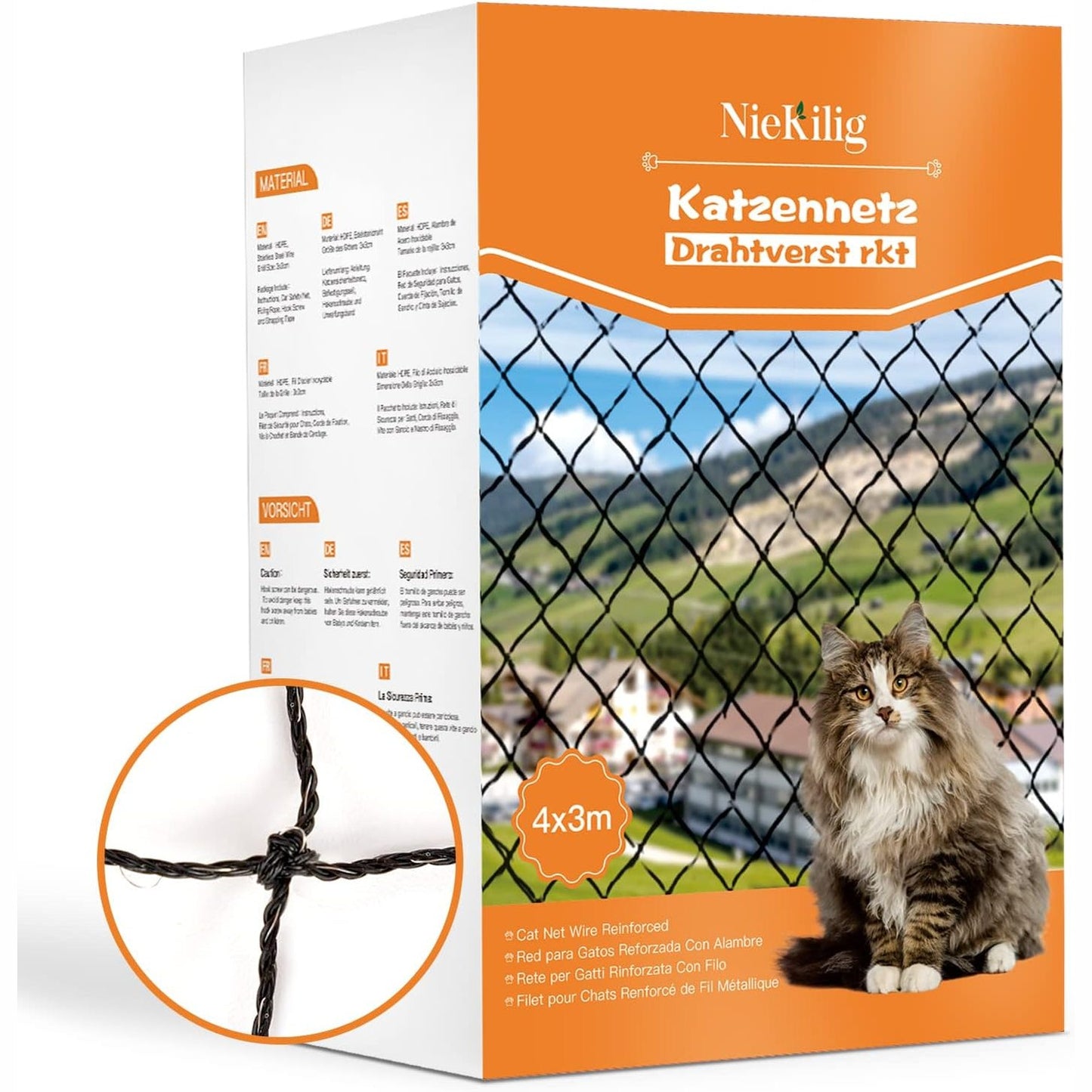 218166 - NieKilig Rrjetë sigurie për mace e përforcuar, mbrojtje dritaresh për mace 4x3m pa shpim, barrierë për mace për ballkone, tarraca, dritare, dritare çatie dhe dyer