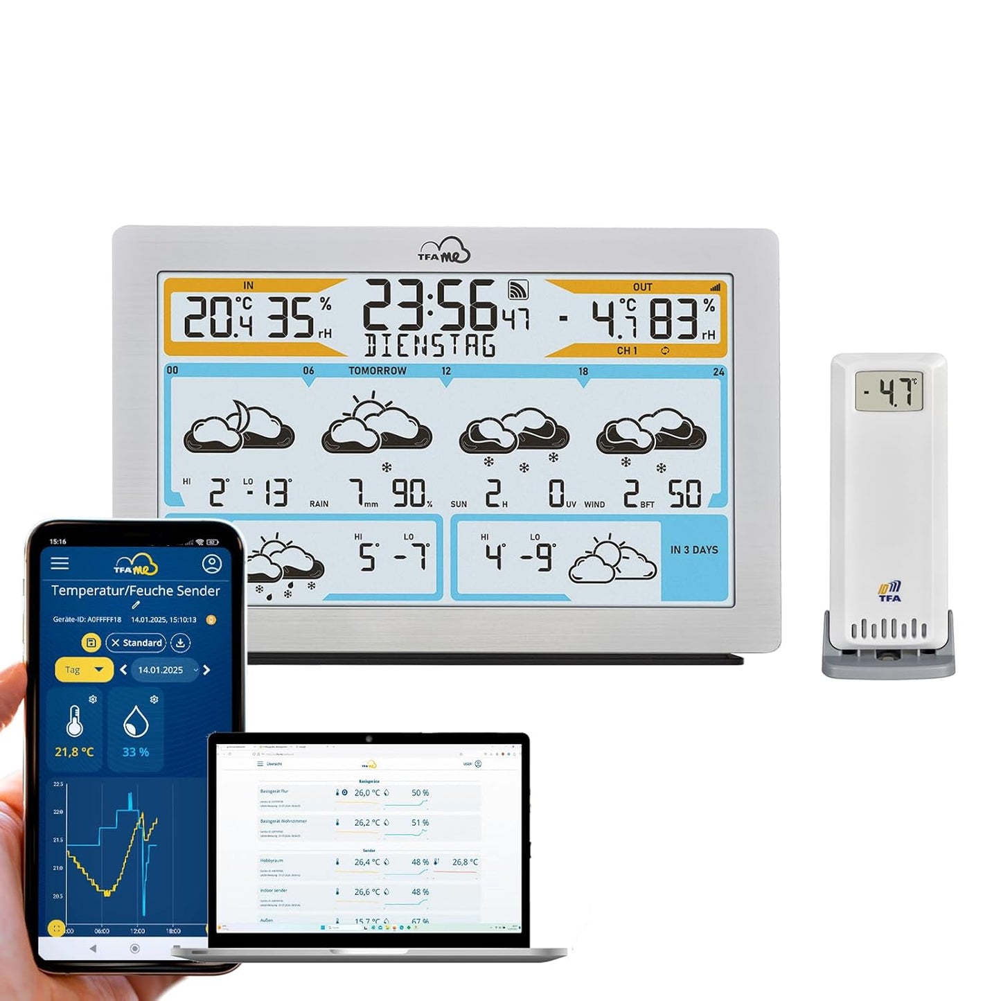 163294 - TFA DOSTMANN Stacioni Meteo WiFi ID-02, 35.8100, Sensor i Jashtëm pa Tel, Alarm Moti, Parashikim i Motit 3-6 Ditë, Portal Online, Argjend