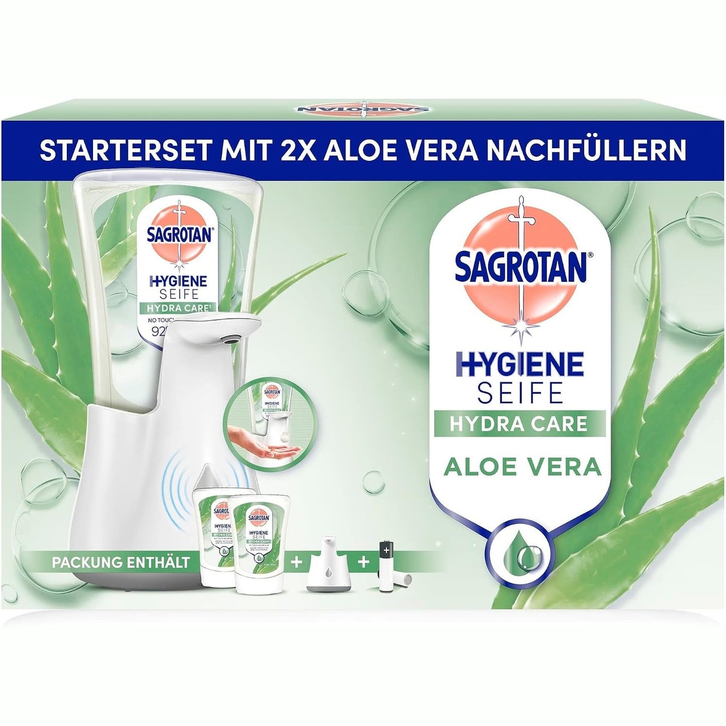318029 - DOZATOR SAGROTAN Automatik Sapuni Pa Prekje, i Bardhë, 2 x 250 ml Sapun të Lëngshëm me Mbushje Sagrotan Aloe Vera