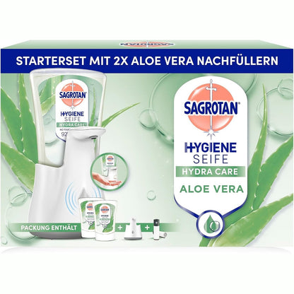 318029 - DOZATOR SAGROTAN Automatik Sapuni Pa Prekje, i Bardhë, 2 x 250 ml Sapun të Lëngshëm me Mbushje Sagrotan Aloe Vera