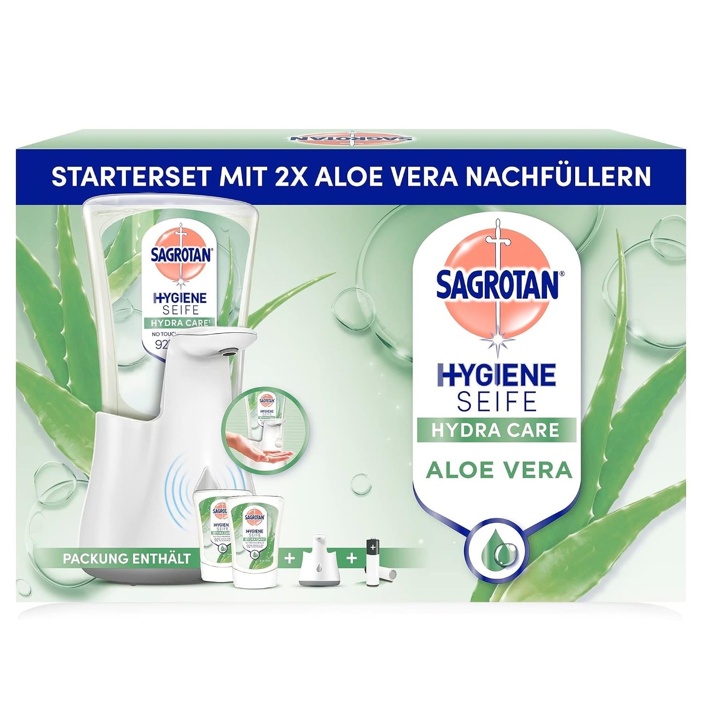 318028 - DOZATOR SAGROTAN Automatik Sapuni Pa Prekje, i Bardhë, 2 x 250 ml Sapun të Lëngshëm me Mbushje Sagrotan Aloe Vera