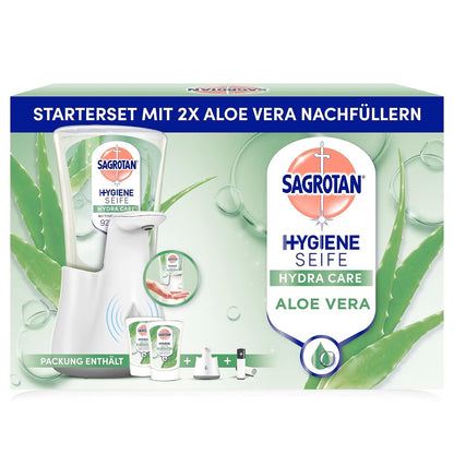 318028 - DOZATOR SAGROTAN Automatik Sapuni Pa Prekje, i Bardhë, 2 x 250 ml Sapun të Lëngshëm me Mbushje Sagrotan Aloe Vera