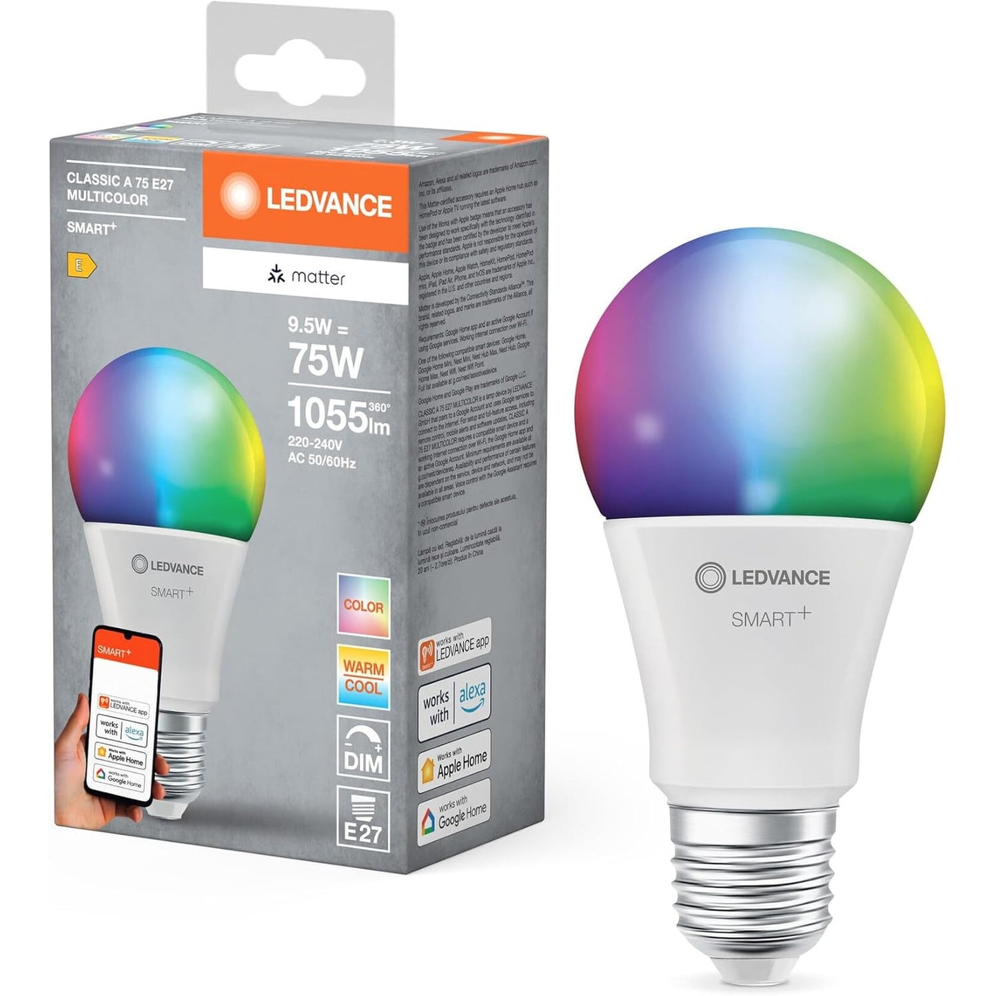 168592 - LEDVANCE SMART+ Llambë LED Matter, 9.5W, 1055LM, E27, Optikë e Bardhë, e pajtueshme me Google, Alexa, Apple, Kontroll me Zë, Dritë me Ngjyra, Jetëgjatësi deri në 20,000 Orë, Pako prej 1