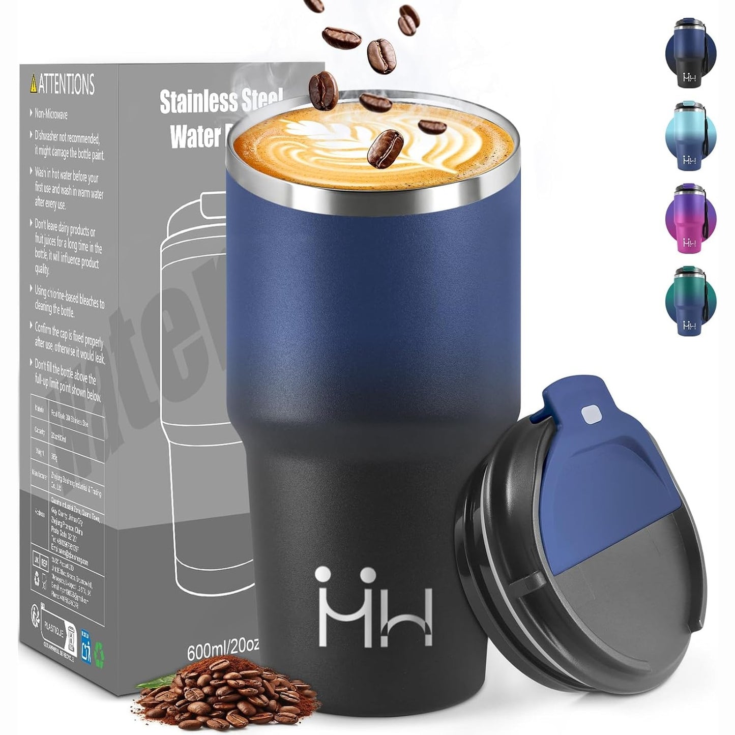 185121 - HONEYHOLLY Termos Kafeje i Ripërdorshëm, 600ml, i Papërshkueshëm nga Rrjedhjet, Çelik Inox 304, për Kafe të Nxehtë dhe të Ftohtë, Qumësht dhe Çaj, Filxhan Udhëtimi
