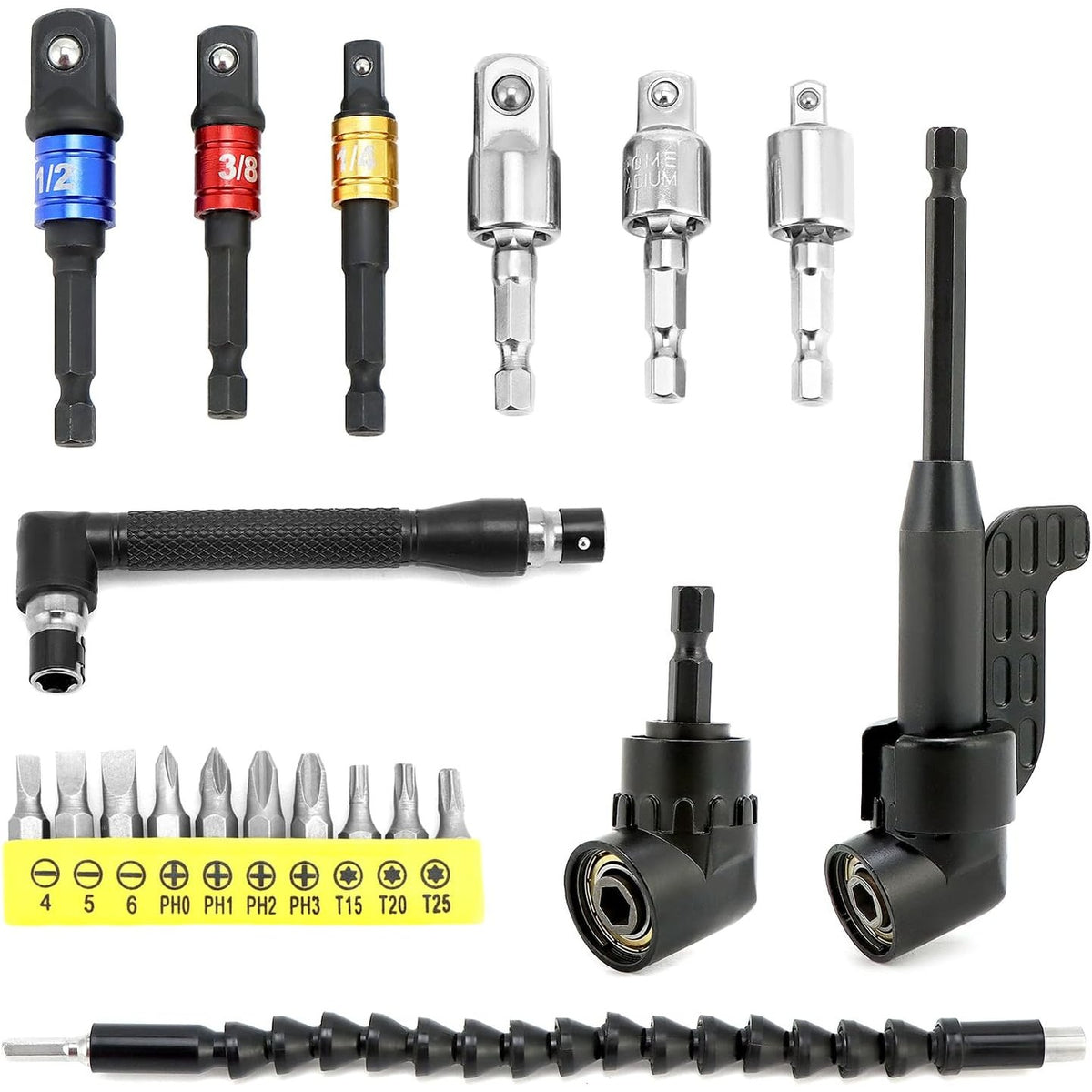 335162 - QWORK® Set kaçavidash këndore me 20 pjesë, 2 adaptorë 105°, 1 zgjatues shpimi, 6 adaptorë për fole, 10 maja argjendi, 1 çelës L