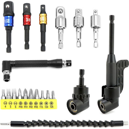 335162 - QWORK® Set kaçavidash këndore me 20 pjesë, 2 adaptorë 105°, 1 zgjatues shpimi, 6 adaptorë për fole, 10 maja argjendi, 1 çelës L