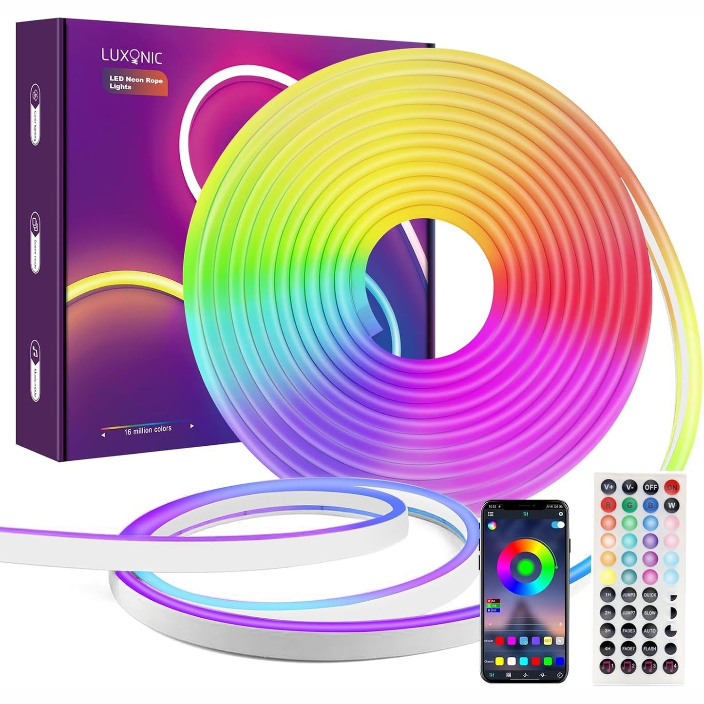 213786 - LUXONIC Shirit LED Neoni 10M, Bluetooth RGB, IP65 Rezistent ndaj Ujit, Silikon me Sinkronizim Muzikor, 10m