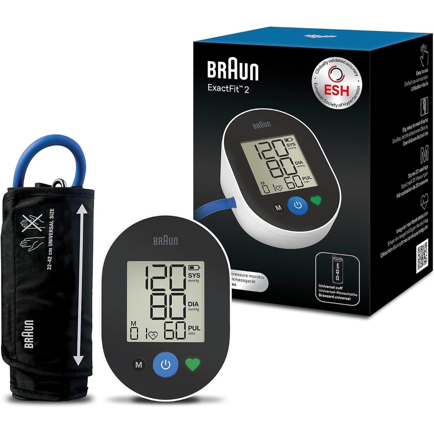 316230 - BRAUN Monitor tensioni i gjakut ExactFit™ 2, saktësi e provuar klinikisht, ekran me kod ngjyrash, manshetë universale, për përdorim jo-komercial, BUA4050