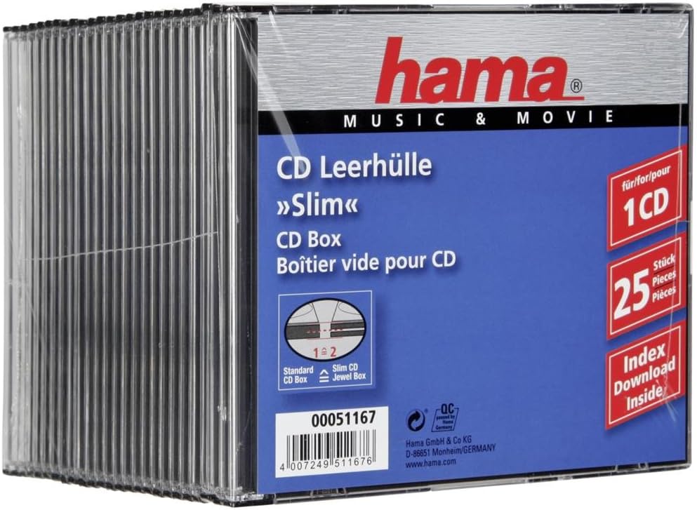 257173 - HAMA Kutia e hollë për CD, ngjyrë e zezë/transparente, pako me 25 copë