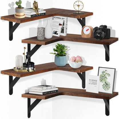 164466 - TCZECOO Rafte Lundruese në Formë L me 4 Copë, Rafte Këndore për Kuzhinë, Dhomë Ndenjeje, Dhomë Gjumi dhe Banjo, Material: Druri, Ngjyra: Kafe e Errët