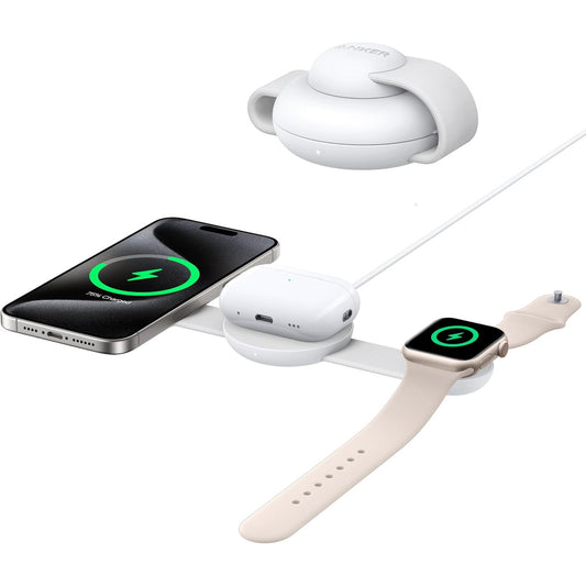 267709 - ANKER Stacion karikimi pa tel MagGo 3-në-1, karikues 15W i çertifikuar Qi2, i pajtueshëm me MagSafe, jastëk karikimi udhëtimi për iPhone 17/16, AirPods, Apple Watch, pa bankë energjie