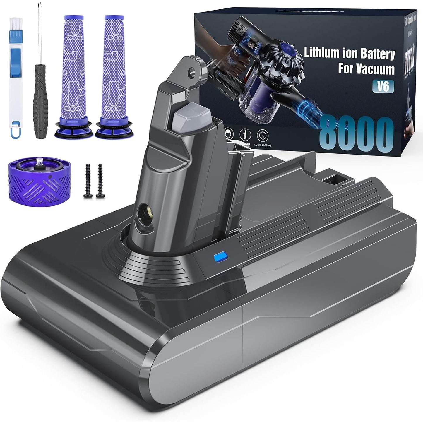 273268 - MORPILOT Bateri 8000mAh për Dyson V6 DC62 SV03 Animal Pro Fluffy Absolute Trigger SV09 SV05 SV06 SV07 DC59 DC61 DC58 DC72 DC74, me 2 parafiltra, 1 postfiltër dhe kaçavidë