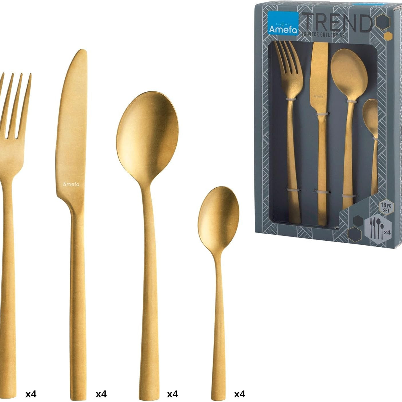 221568 - AMEFA - Set takëmesh me 16 pjesë për 4 persona, Manila, çelik inox 18/0, përfundim PVD - Ari