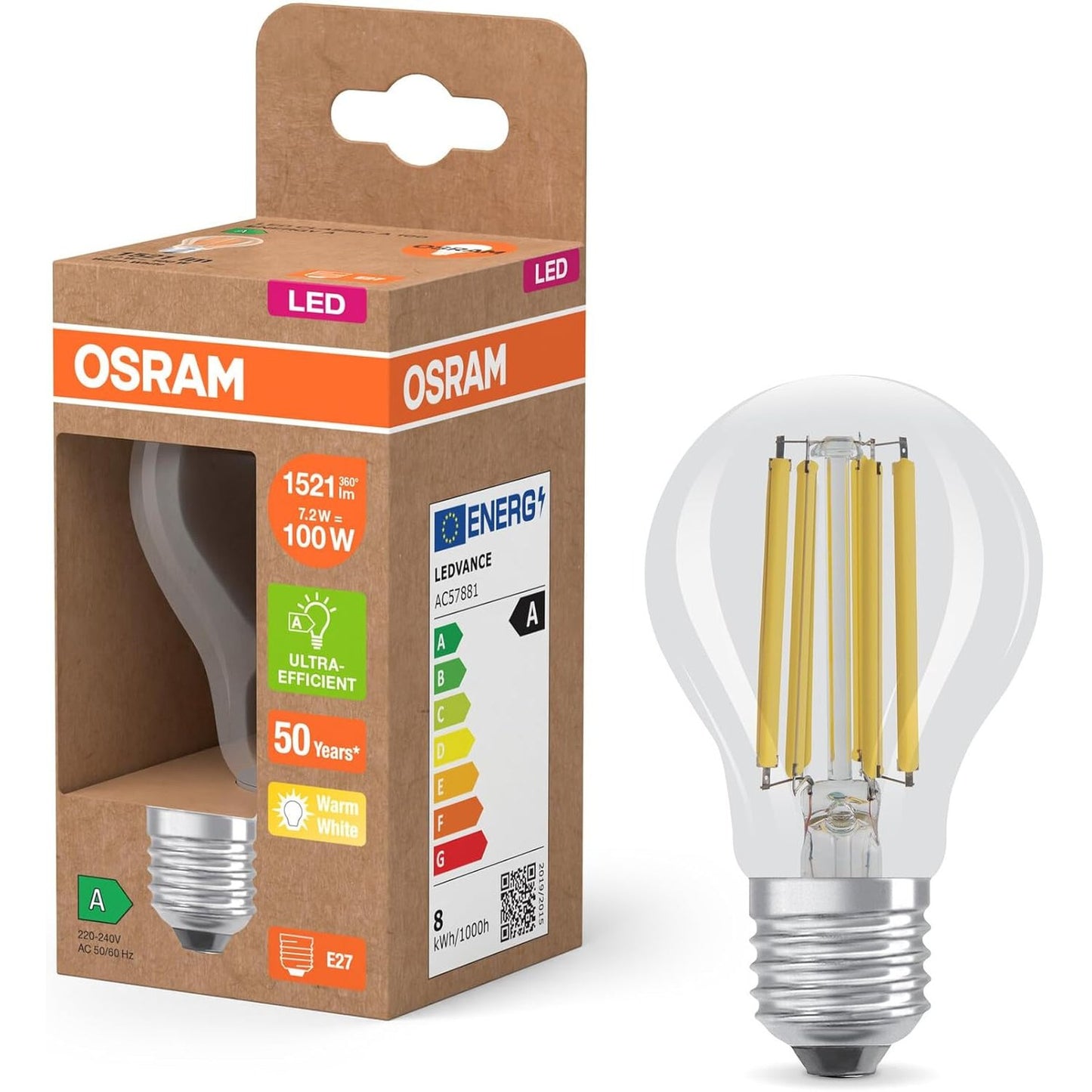 168807 - OSRAM - Llambë LED Superstar Classic A 100 në formë llambë klasike, trup qelqi transparent, 7.2 W, 1521 lm, prizë E27, 2700 K për dritë të bardhë të ngrohtë, klasa e efikasitetit të energjisë A, diametër 60 mm.