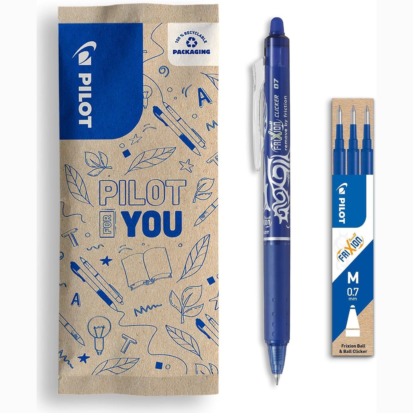 277148 - PILOT Set me 1 Frixion Ball Clicker + 1 set me 3 mbushje - stilolaps topi i tërheqshëm që fshihet me bojë termosensitive - Blu - Majë mesatare