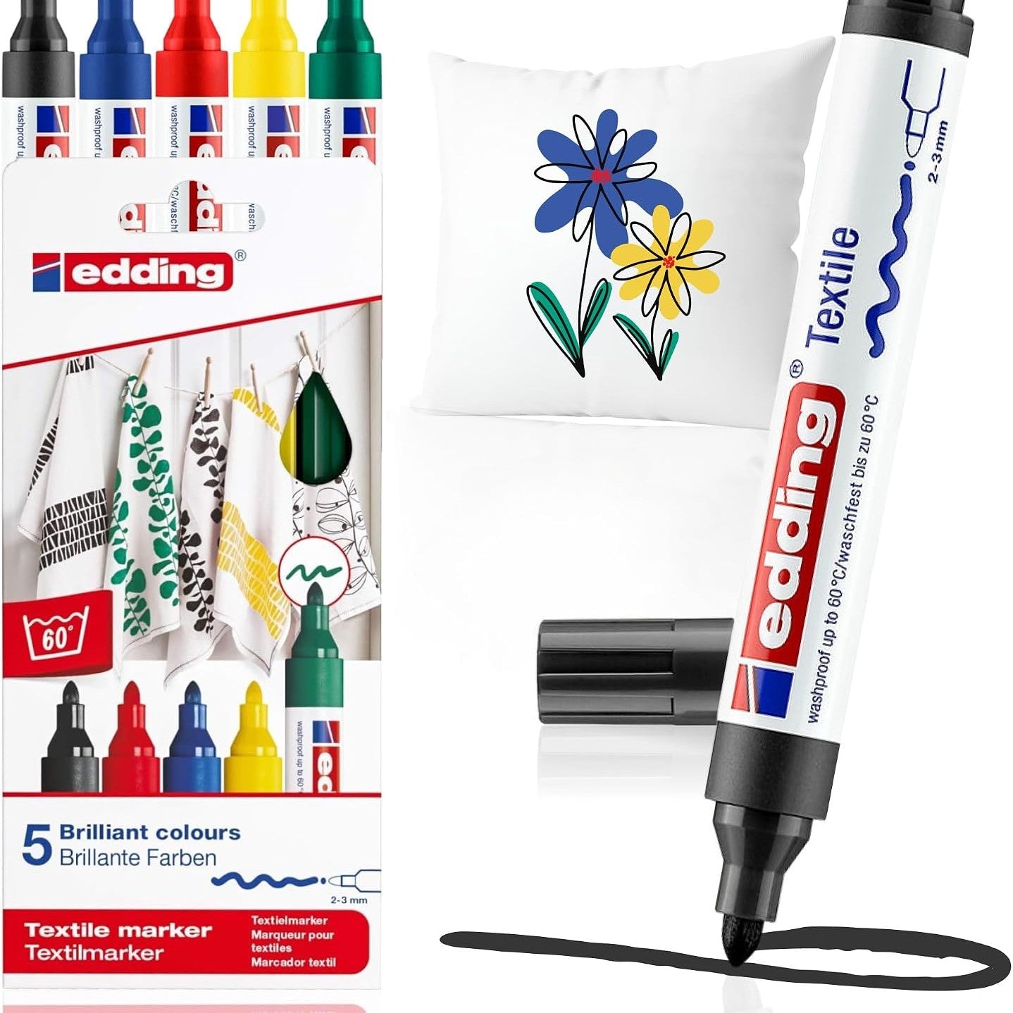 274131 - Edding 4500 Set me 5 shënjues pëlhure, rezistent ndaj larjes, majë 2-3 mm, ngjyrat: e zezë, e kuqe, blu, jeshile, e verdhë