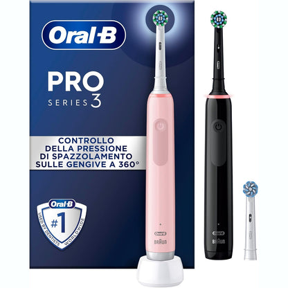 300293 - ORAL-B PRO SERIES 3 PAKO BINJAKE FURÇASH, përfshin 3 koka furçe, 3 mënyra pastrimi, dizajnuar nga Braun, e zezë/rozë