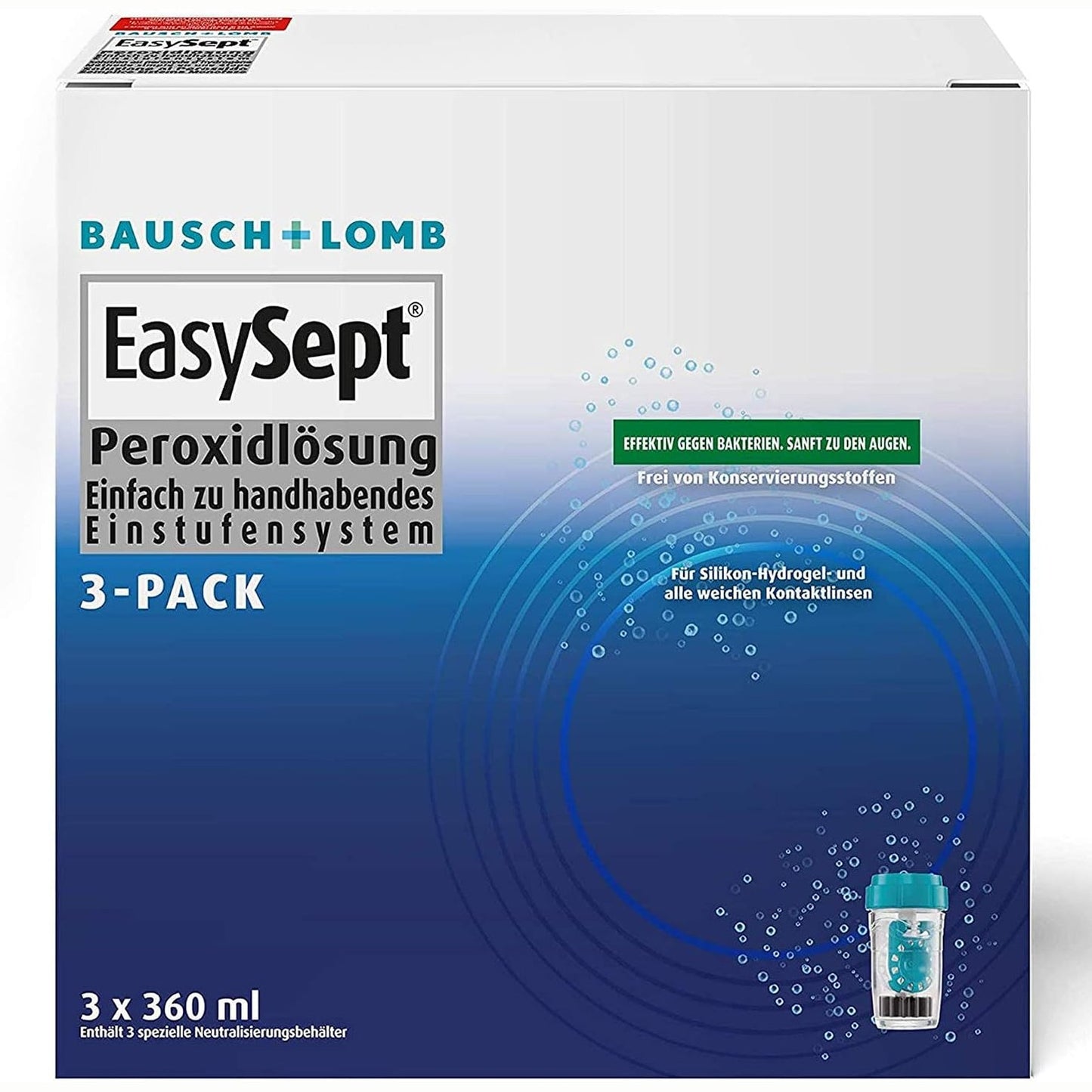 293212 - BAUSCH + LOMB Pastrues për lente kontakti me tretësirë peroksidi EasySept për lente kontakti të buta, pa konservues, me kuti, 3 x 360 ml