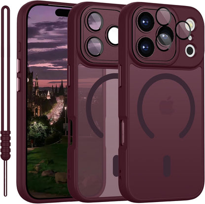 190311 - YUANDMI Mbrojtëse Magnetike për iPhone 17 Pro me Pajtueshmëri MagSafe, Rezistente ndaj Gërvishtjeve dhe Goditjeve, Material Mat që nuk Rrëshqet, me Mbrojtje për Kamerën, E kuqe e Errët