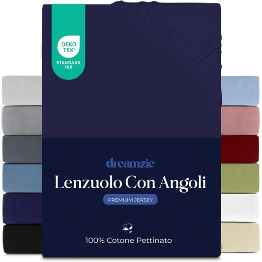 185426 - DREAMZIE Çarçaf i Fiksuar Premium 160x200 cm për Dyshekë të Trashë deri në 27 cm, 100% Pambuk Jersey 150 g/m², i Certifikuar Oeko-TEX - Blu e Errët