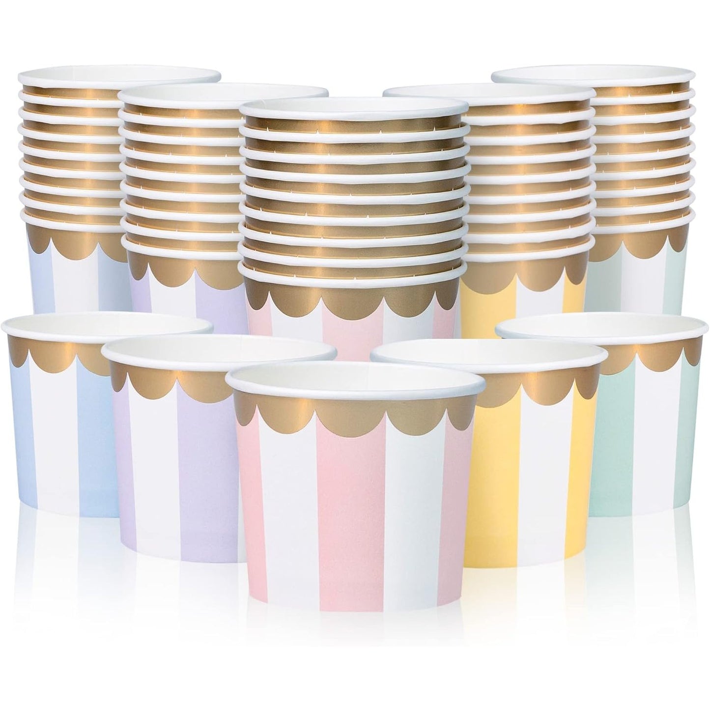 185681 - CONFETTIVILLE Gota Akulloreje Prej Letre, Seti i 50 Copëve, Kapacitet 325ml, e Përshtatshme për Ushqime të Nxehta ose të Ftohta, 5 Ngjyra, Vija Pastel me Fletë Ari të Valëzuara, Furnizime për Festa