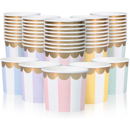 185681 - CONFETTIVILLE Gota Akulloreje Prej Letre, Seti i 50 Copëve, Kapacitet 325ml, e Përshtatshme për Ushqime të Nxehta ose të Ftohta, 5 Ngjyra, Vija Pastel me Fletë Ari të Valëzuara, Furnizime për Festa