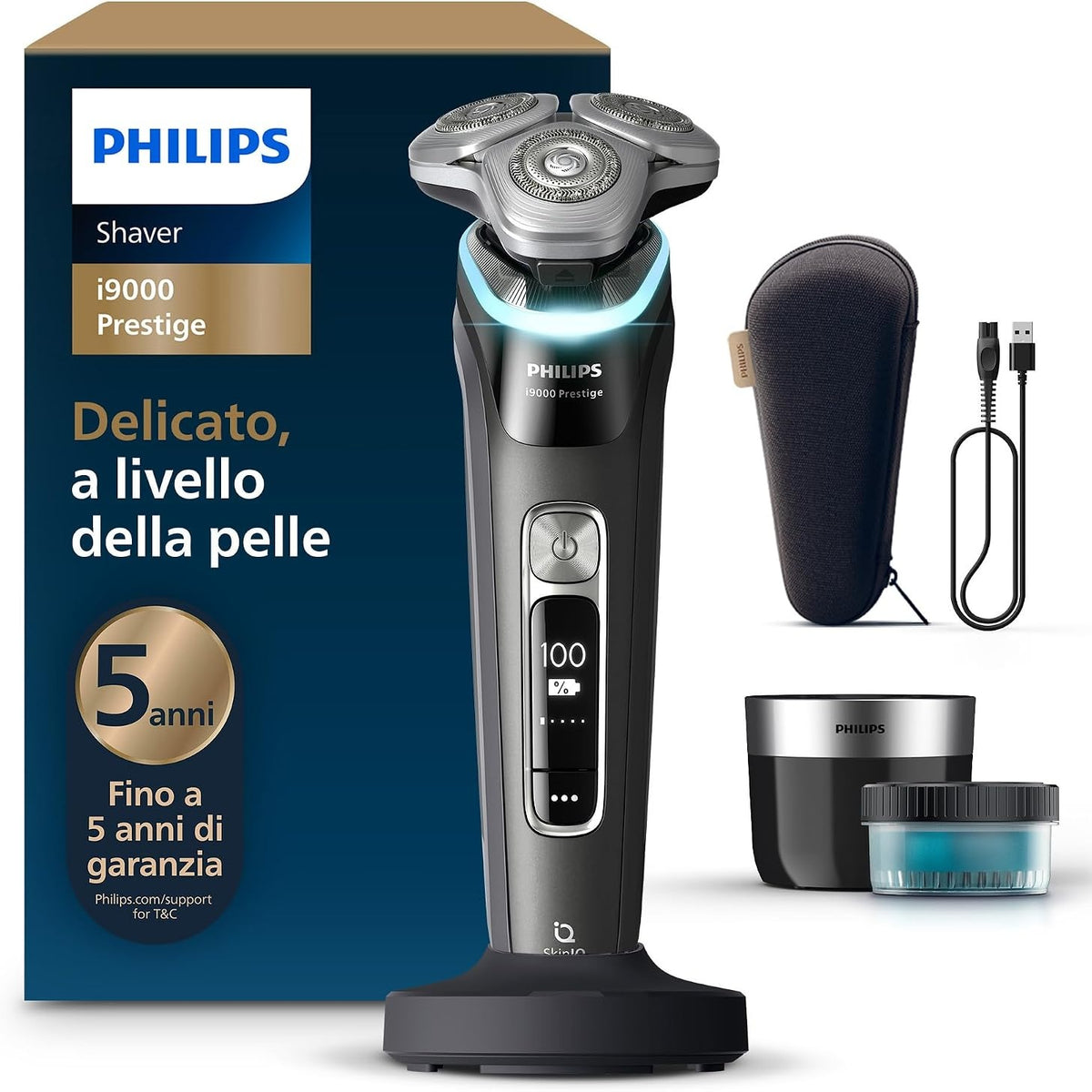 296525 - PHILIPS Makinë rroje elektrike për burra i9000 Prestige, për lagësht dhe thatësi, me makinë prerëse të integruar, ngjyrë e zezë, sensor presioni, stacion pastrimi, stacion karikimi dhe çantë udhëtimi (modeli XP9207/30)