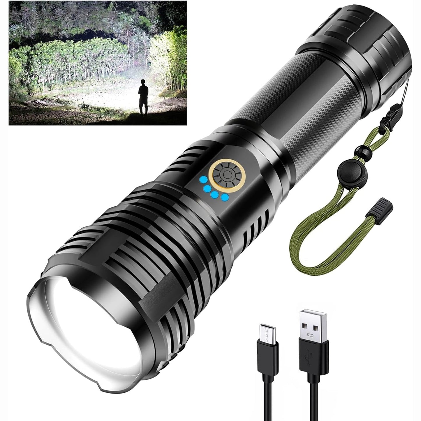 222547 - GLARYLIGHT Dritë dore LED e rikarikueshme, 600000 lumen, IPX7 e papërshkueshme nga uji, me energji USB, zmadhim për emergjenca