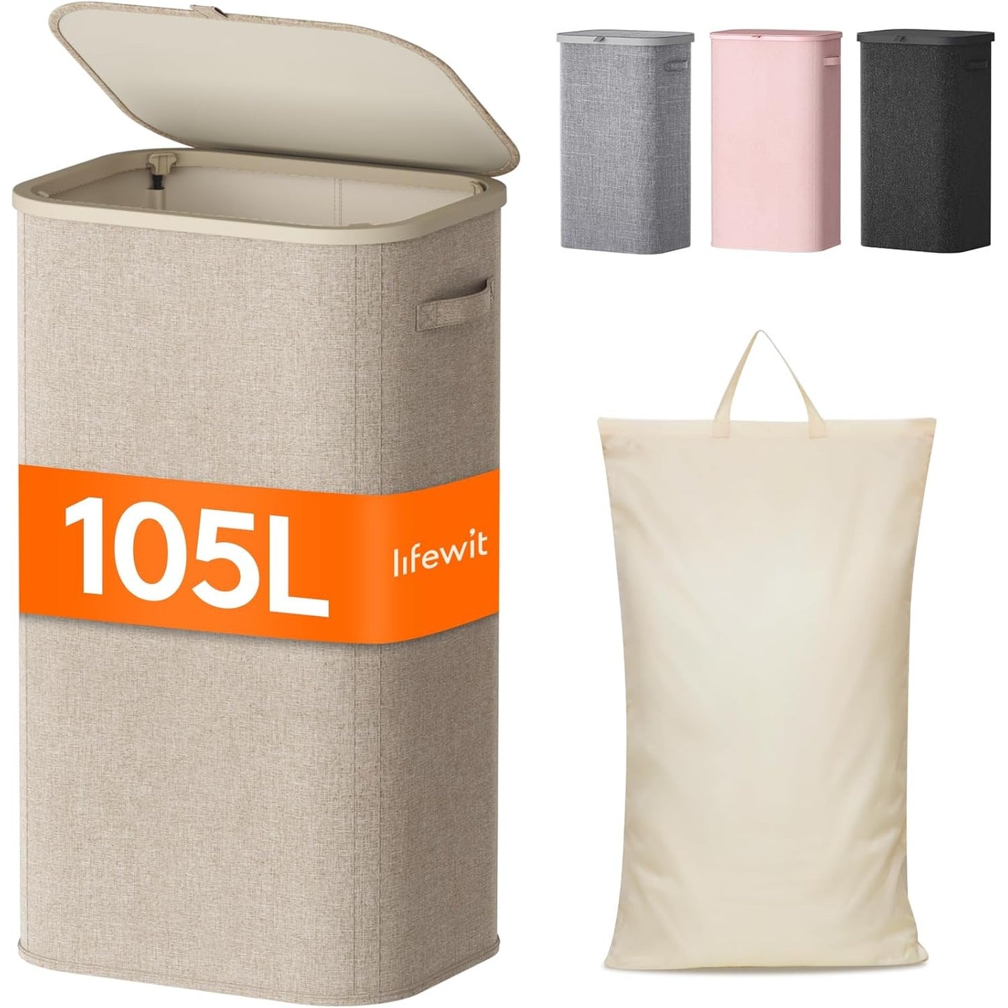 176160 - LIFEWIT Shportë Rrobash 105L me Kapak dhe Kornizë Plastike, Ndarës i Madh i Palosshëm për Dhomë Gjumi dhe Banjë - Ngjyra Bezhë