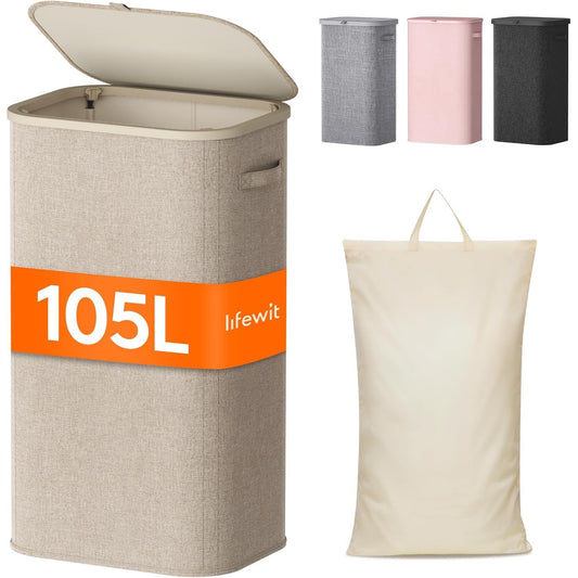 176160 - LIFEWIT Shportë Rrobash 105L me Kapak dhe Kornizë Plastike, Ndarës i Madh i Palosshëm për Dhomë Gjumi dhe Banjë - Ngjyra Bezhë