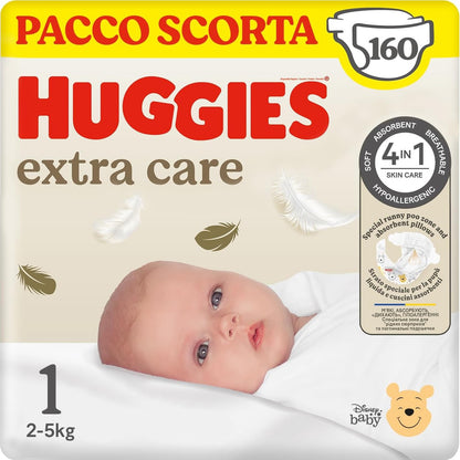 271232 - Huggies Pelena Extra Care për Fëmijë, Madhësia 1 (2-5 kg), Ultra Thithëse, 160 copë.